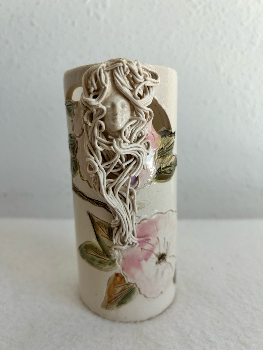 Pottery Face Vase 3D Relief Woman & Flowers Handmade 5.5" Tall